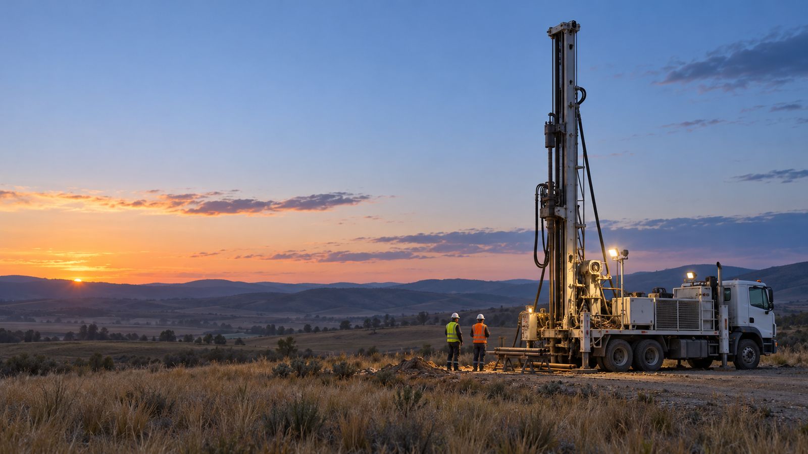 A truck-mounted drill rig at dusk on an open site, two crew members beside it