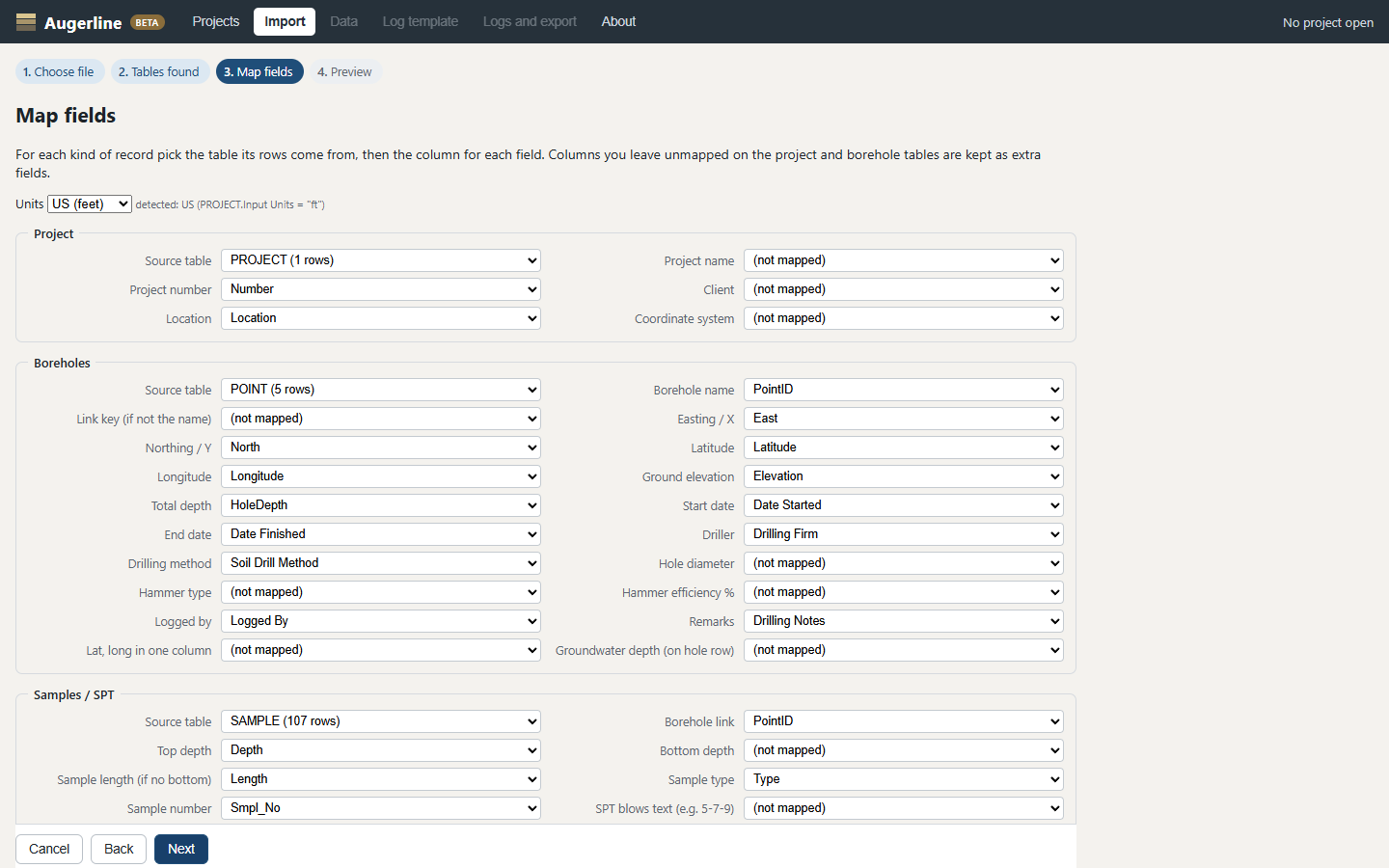 Import screen mapping source columns to borehole fields
