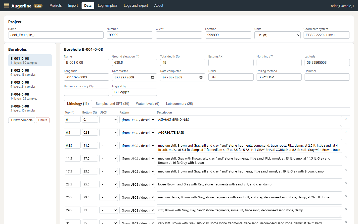 Borehole editor with samples, SPT blows and lithology intervals