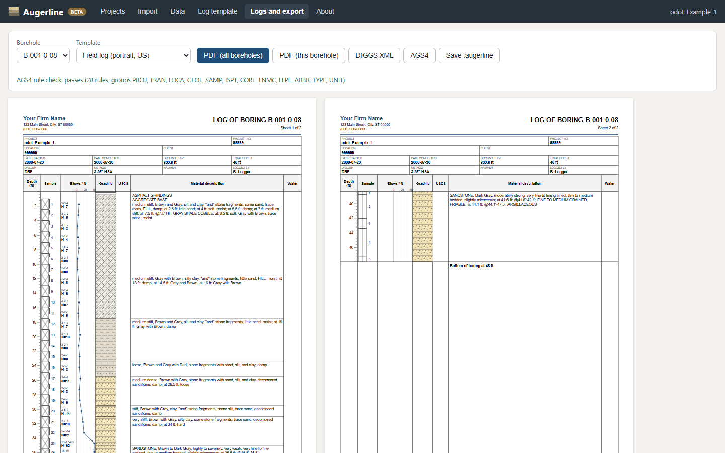 Boring log preview with graphic log patterns and SPT column